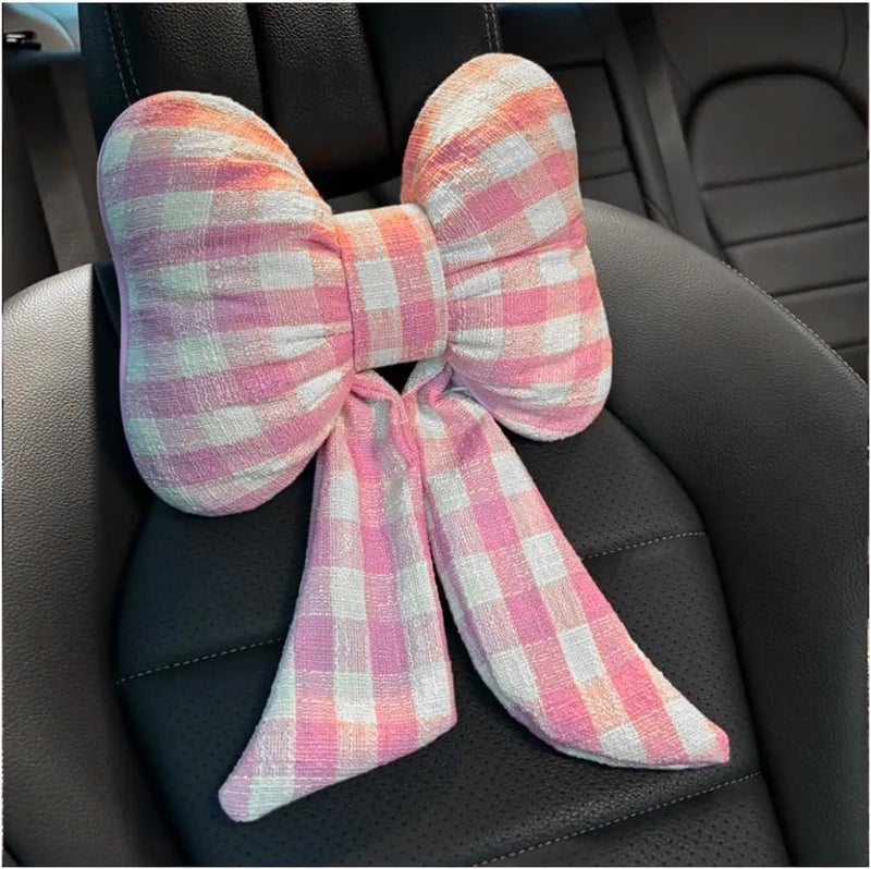 Bittwee Bow Car Headrest Pillow, Breathable Memory Foam Vehicle Neck Pillow with Adjustable Strap, Ergonomic Auto Neck Support Cushion for Pain Pressure Relief, Universal for Most Cars (Pink/Grid) - Image 1